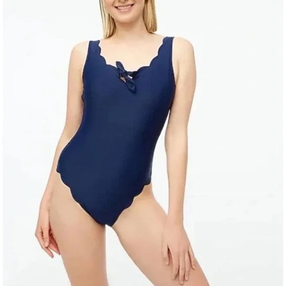 NWT J. Crew Navy Scalloped One Piece Swimsuit With Bow